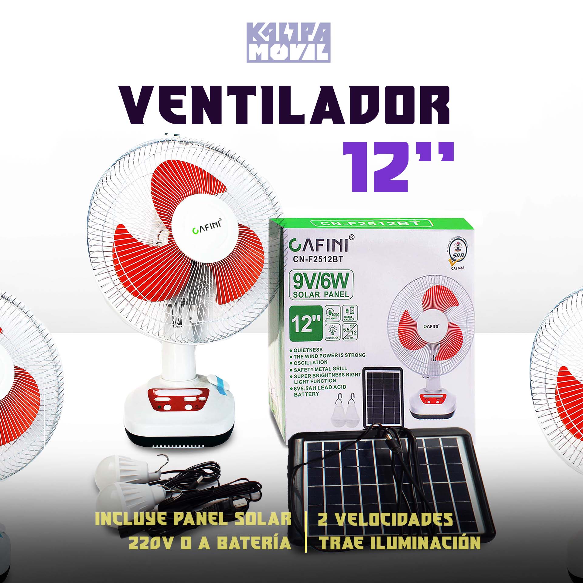 Ventilador 12" (a batería y con panel solar)